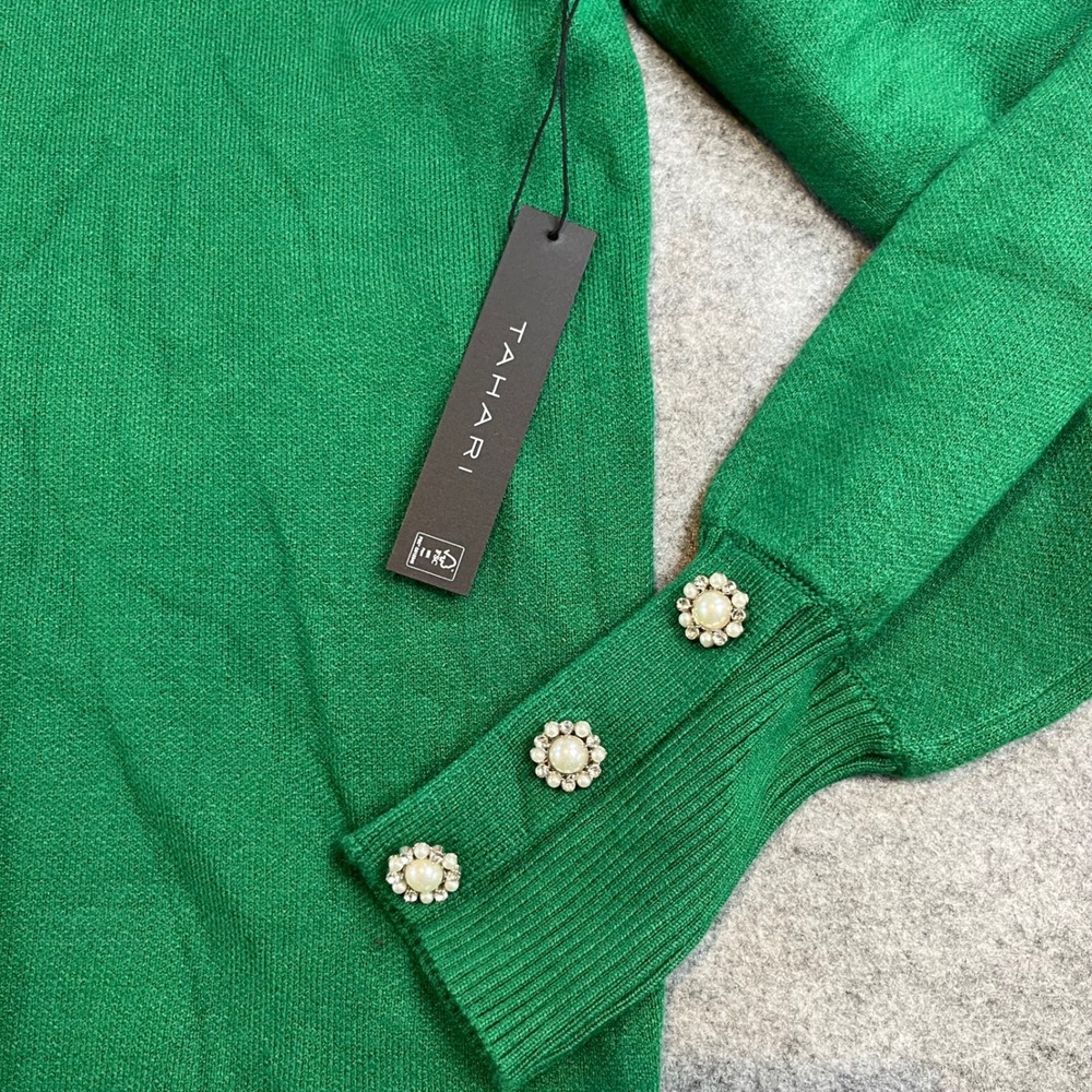 Tahari Womens Mock Neck Sweater Green Pearl Button Cuff Pullover L Holiday Chic - Picture 2 of 8